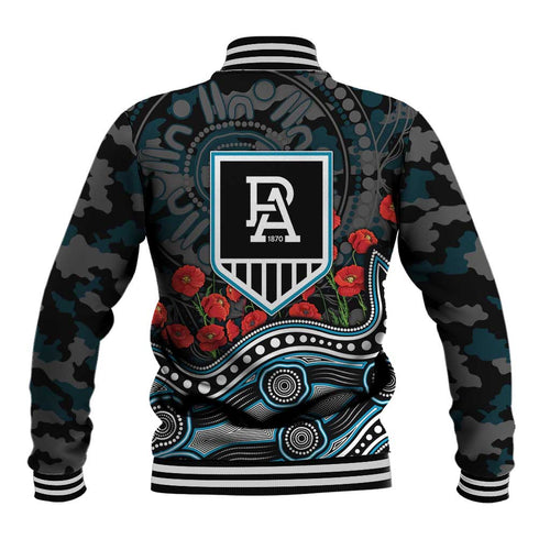Port Adelaide Power ANZAC Day Baseball Jacket Indigenous Dot Art with Poppy Flower Tribute