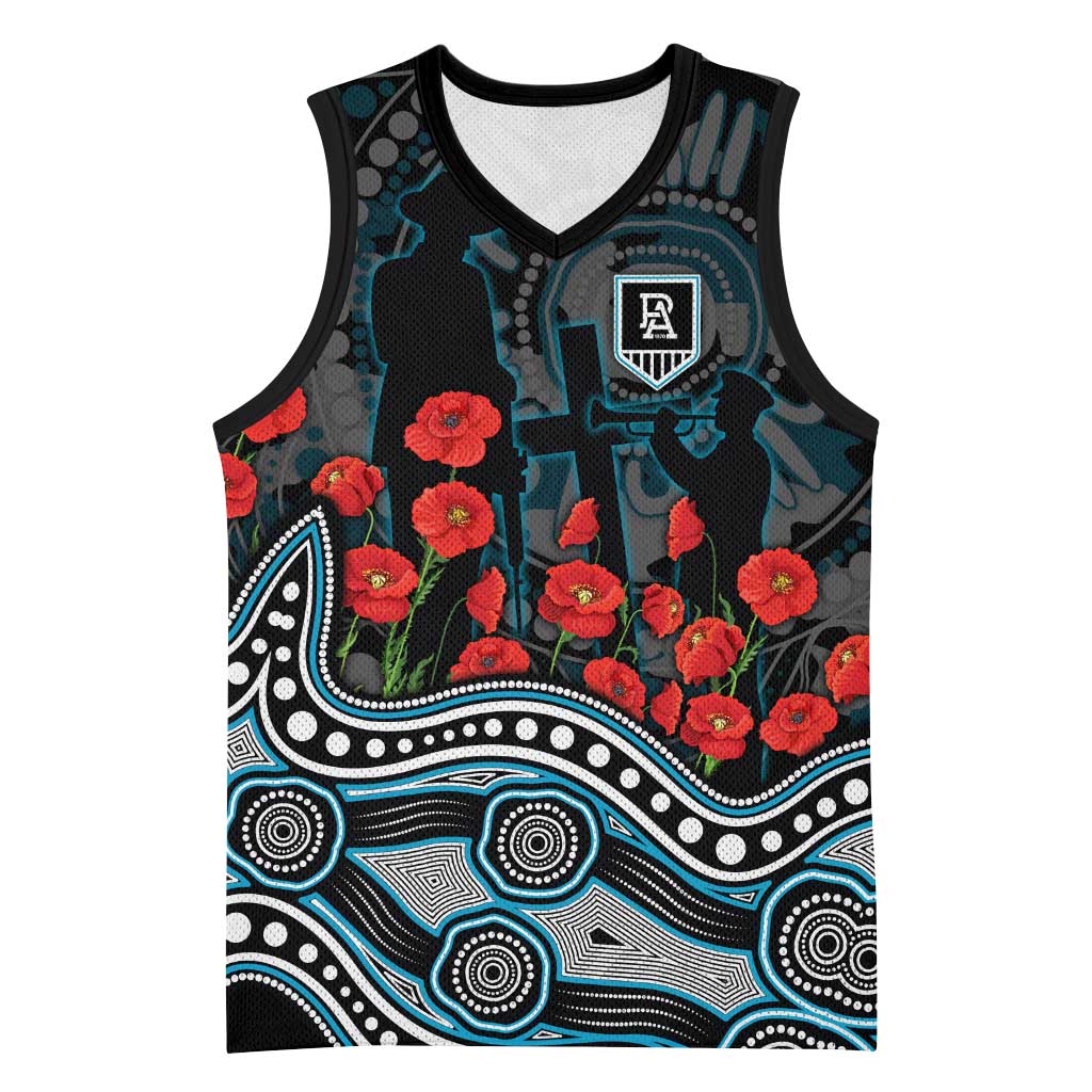 Port Adelaide Power ANZAC Day Basketball Jersey Indigenous Dot Art with Poppy Flower Tribute