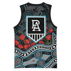 Port Adelaide Power ANZAC Day Basketball Jersey Indigenous Dot Art with Poppy Flower Tribute