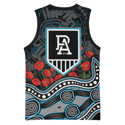 Port Adelaide Power ANZAC Day Basketball Jersey Indigenous Dot Art with Poppy Flower Tribute