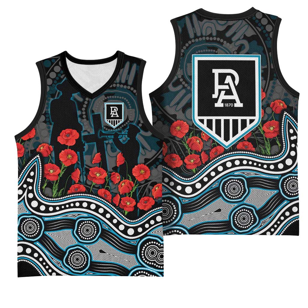Port Adelaide Power ANZAC Day Basketball Jersey Indigenous Dot Art with Poppy Flower Tribute