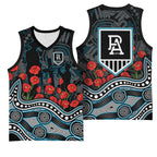 Port Adelaide Power ANZAC Day Basketball Jersey Indigenous Dot Art with Poppy Flower Tribute