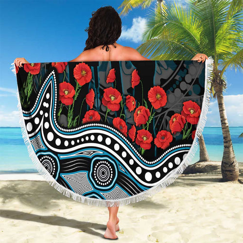 Port Adelaide Power ANZAC Day Beach Blanket Indigenous Dot Art with Poppy Flower Tribute