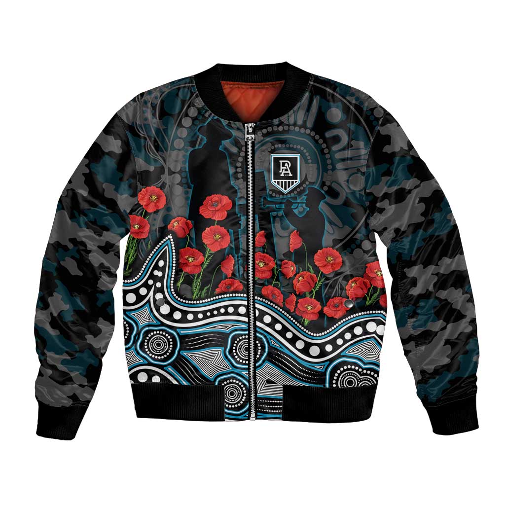 Port Adelaide Power ANZAC Day Bomber Jacket Indigenous Dot Art with Poppy Flower Tribute
