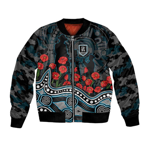 Port Adelaide Power ANZAC Day Bomber Jacket Indigenous Dot Art with Poppy Flower Tribute