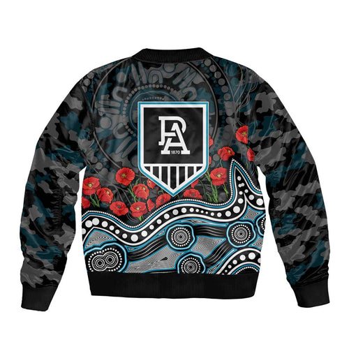 Port Adelaide Power ANZAC Day Bomber Jacket Indigenous Dot Art with Poppy Flower Tribute