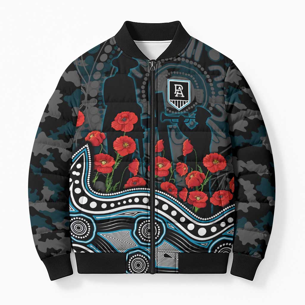 Port Adelaide Power ANZAC Day Bomber Puffer Jacket Indigenous Dot Art with Poppy Flower Tribute