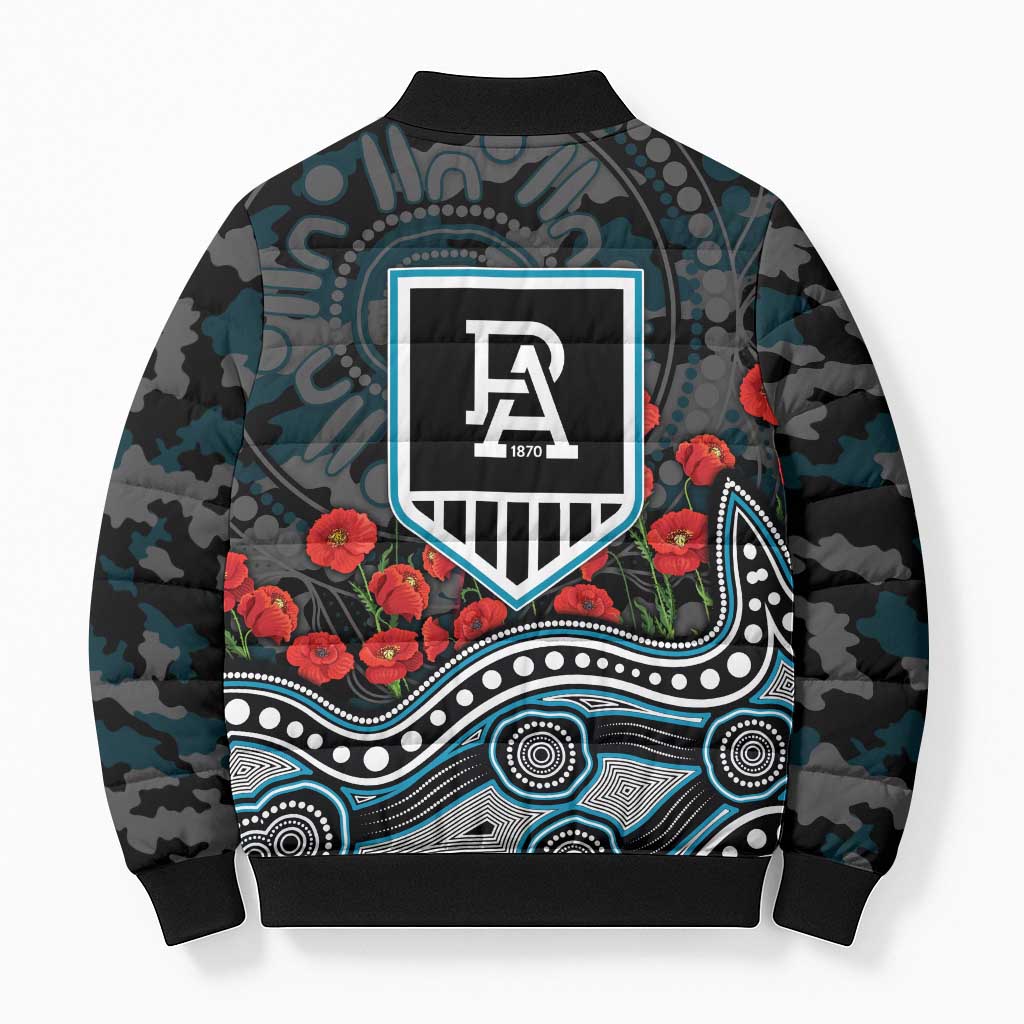 Port Adelaide Power ANZAC Day Bomber Puffer Jacket Indigenous Dot Art with Poppy Flower Tribute