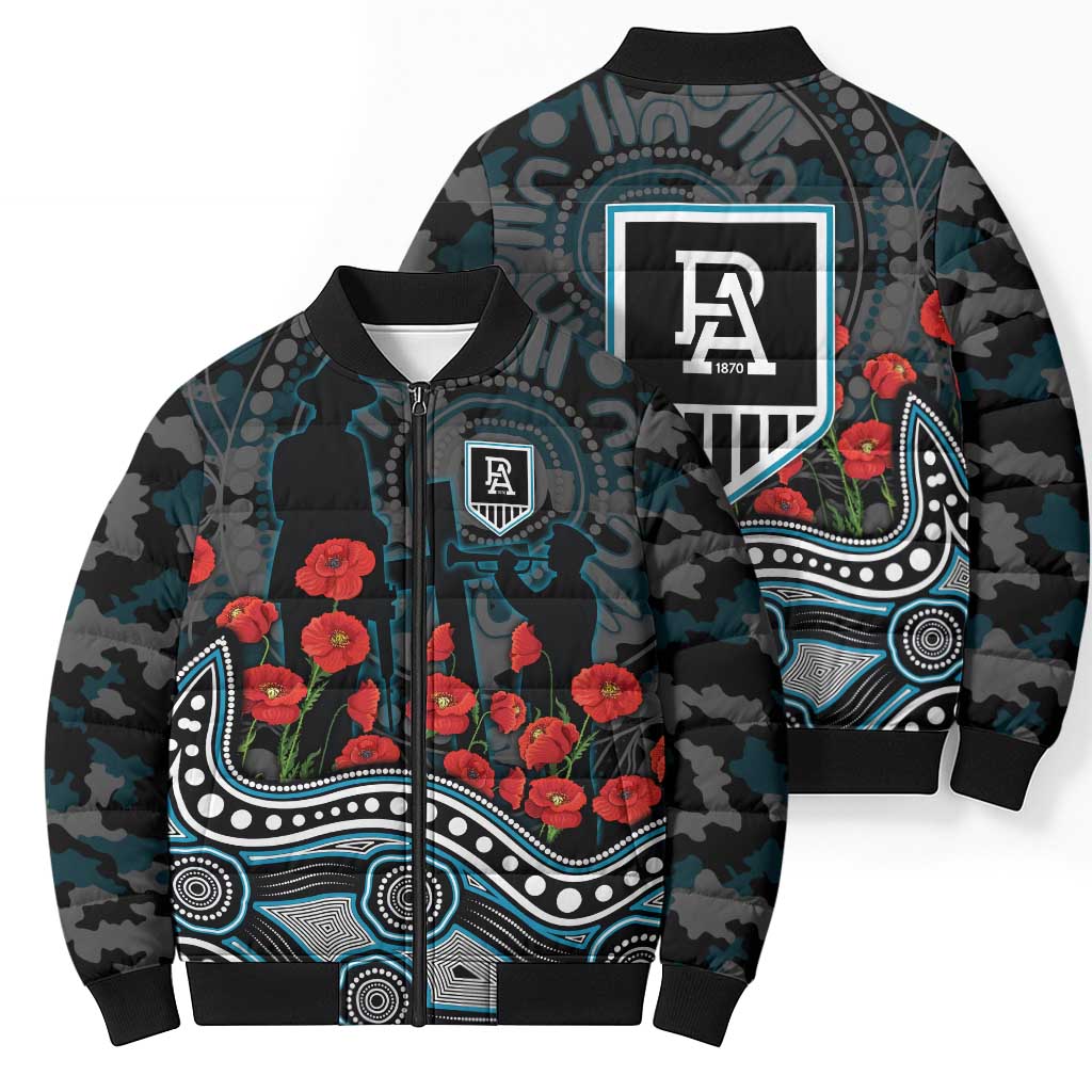 Port Adelaide Power ANZAC Day Bomber Puffer Jacket Indigenous Dot Art with Poppy Flower Tribute