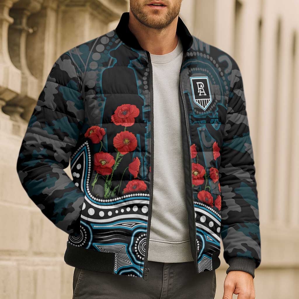 Port Adelaide Power ANZAC Day Bomber Puffer Jacket Indigenous Dot Art with Poppy Flower Tribute