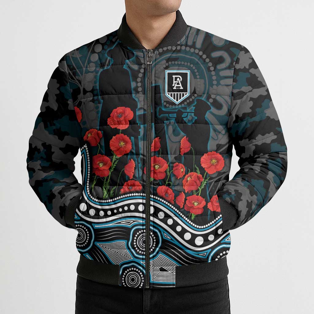 Port Adelaide Power ANZAC Day Bomber Puffer Jacket Indigenous Dot Art with Poppy Flower Tribute