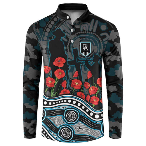 Port Adelaide Power ANZAC Day Button Sweatshirt Indigenous Dot Art with Poppy Flower Tribute