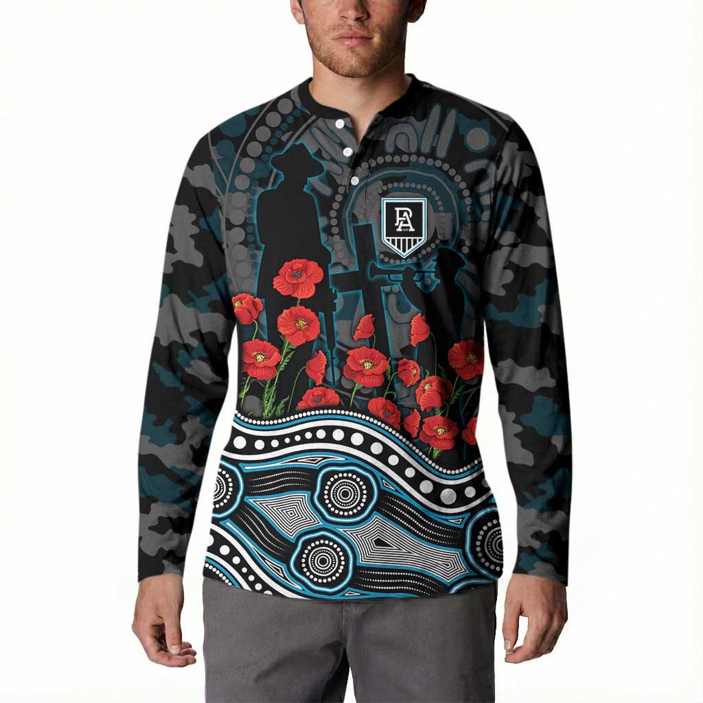 Port Adelaide Power ANZAC Day Button Sweatshirt Indigenous Dot Art with Poppy Flower Tribute