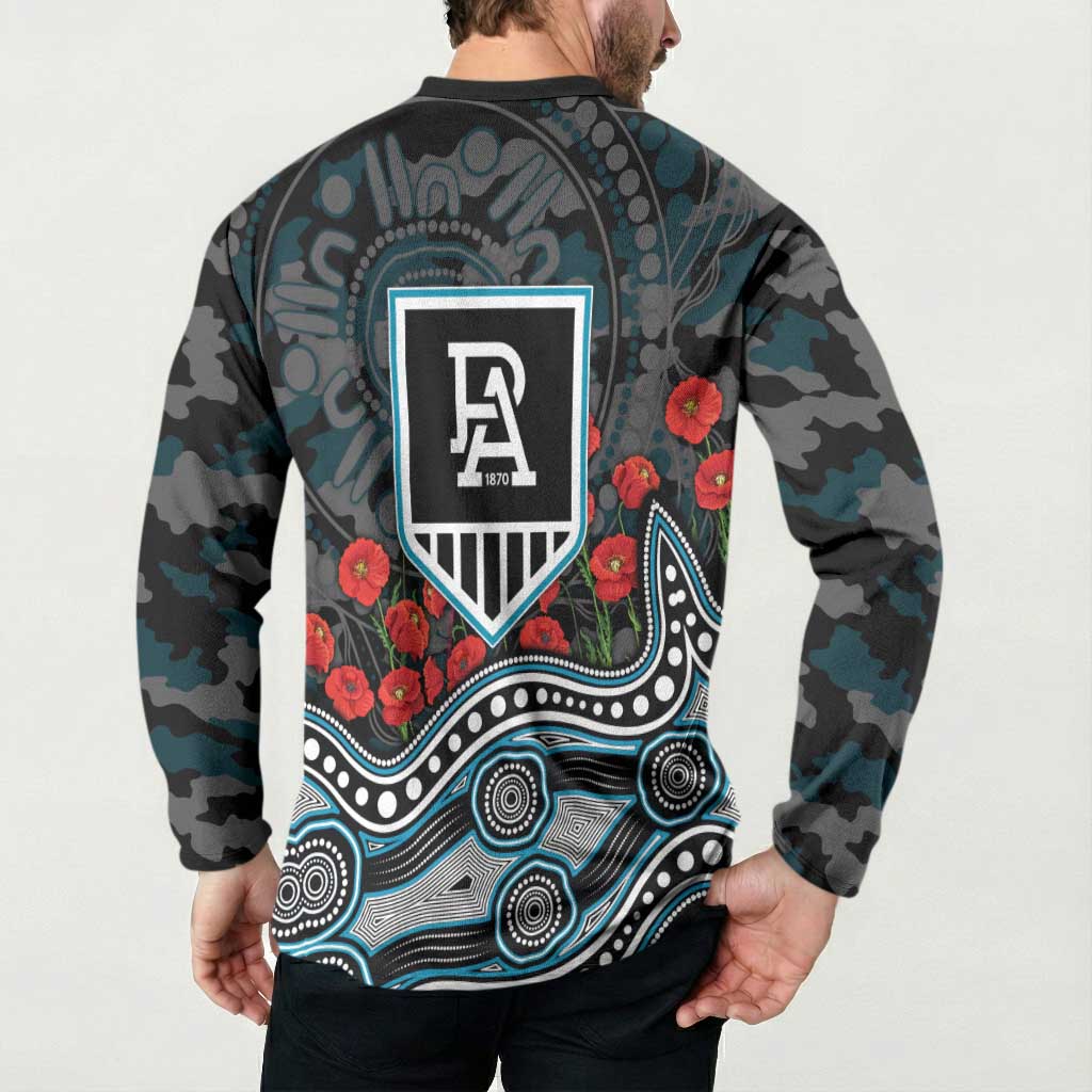 Port Adelaide Power ANZAC Day Button Sweatshirt Indigenous Dot Art with Poppy Flower Tribute