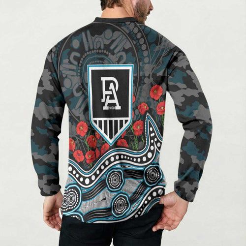 Port Adelaide Power ANZAC Day Button Sweatshirt Indigenous Dot Art with Poppy Flower Tribute