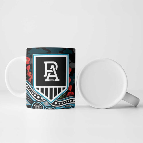 Port Adelaide Power ANZAC Day Ceramic Mug Indigenous Dot Art with Poppy Flower Tribute