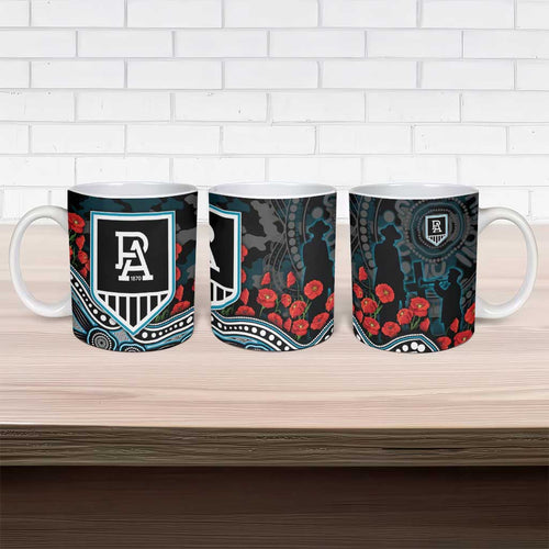Port Adelaide Power ANZAC Day Ceramic Mug Indigenous Dot Art with Poppy Flower Tribute