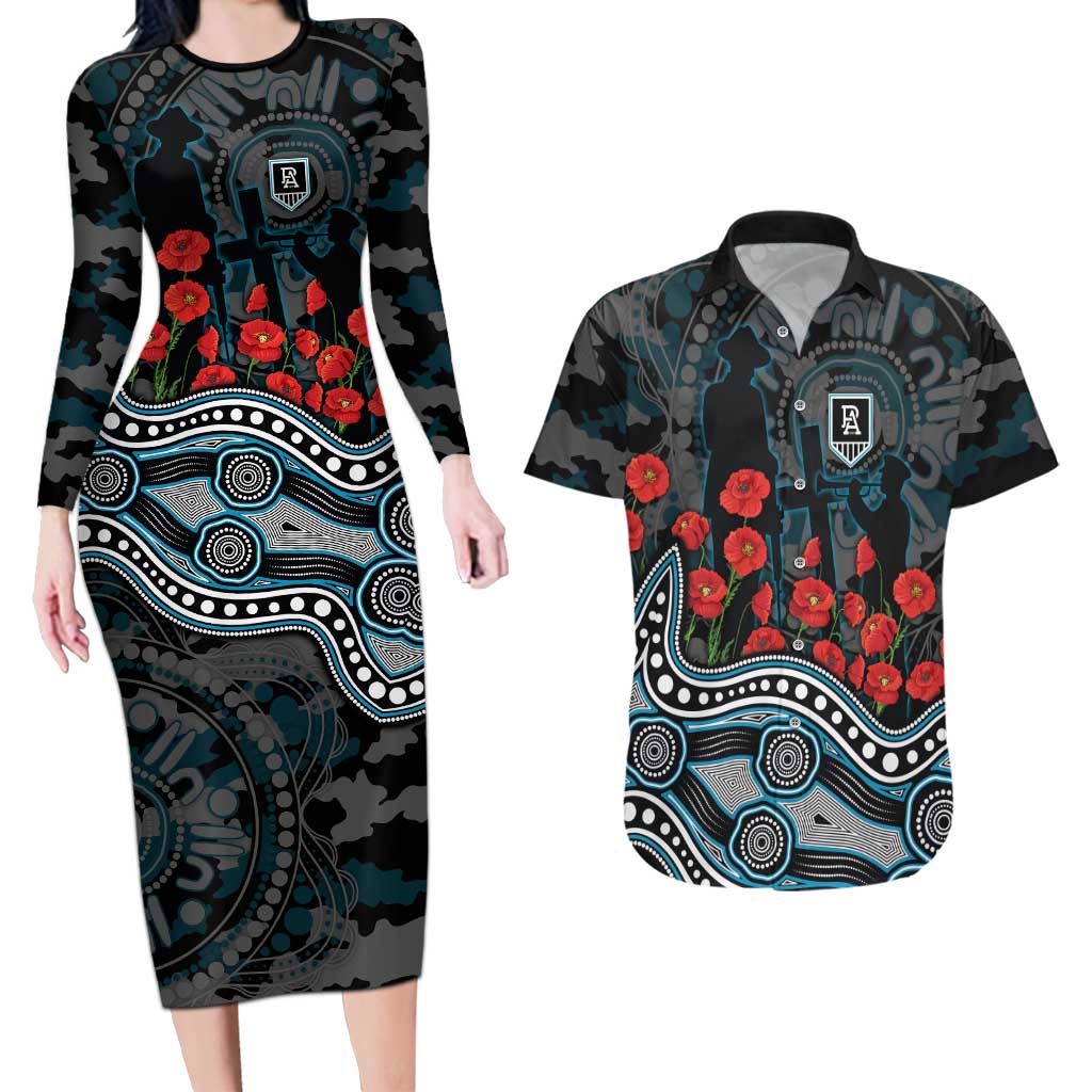 Port Adelaide Power ANZAC Day Couples Matching Long Sleeve Bodycon Dress and Hawaiian Shirt Indigenous Dot Art with Poppy Flower Tribute