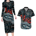 Port Adelaide Power ANZAC Day Couples Matching Long Sleeve Bodycon Dress and Hawaiian Shirt Indigenous Dot Art with Poppy Flower Tribute
