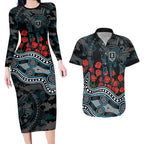 Port Adelaide Power ANZAC Day Couples Matching Long Sleeve Bodycon Dress and Hawaiian Shirt Indigenous Dot Art with Poppy Flower Tribute