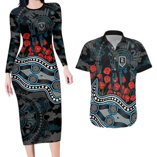 Port Adelaide Power ANZAC Day Couples Matching Long Sleeve Bodycon Dress and Hawaiian Shirt Indigenous Dot Art with Poppy Flower Tribute
