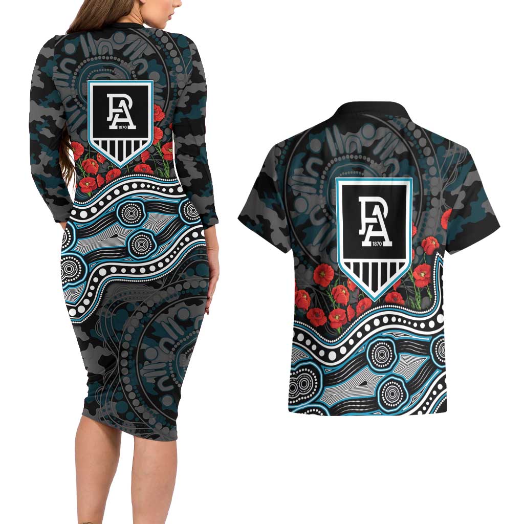Port Adelaide Power ANZAC Day Couples Matching Long Sleeve Bodycon Dress and Hawaiian Shirt Indigenous Dot Art with Poppy Flower Tribute