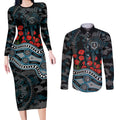 Port Adelaide Power ANZAC Day Couples Matching Long Sleeve Bodycon Dress and Long Sleeve Button Shirt Indigenous Dot Art with Poppy Flower Tribute
