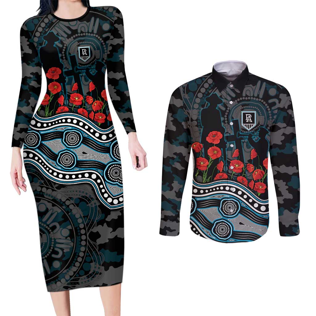 Port Adelaide Power ANZAC Day Couples Matching Long Sleeve Bodycon Dress and Long Sleeve Button Shirt Indigenous Dot Art with Poppy Flower Tribute