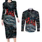 Port Adelaide Power ANZAC Day Couples Matching Long Sleeve Bodycon Dress and Long Sleeve Button Shirt Indigenous Dot Art with Poppy Flower Tribute