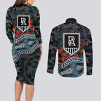 Port Adelaide Power ANZAC Day Couples Matching Long Sleeve Bodycon Dress and Long Sleeve Button Shirt Indigenous Dot Art with Poppy Flower Tribute