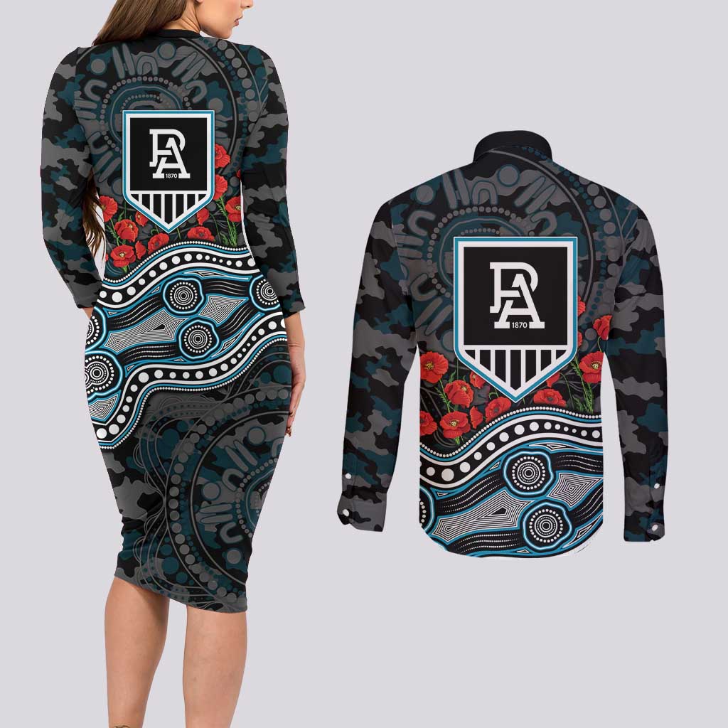 Port Adelaide Power ANZAC Day Couples Matching Long Sleeve Bodycon Dress and Long Sleeve Button Shirt Indigenous Dot Art with Poppy Flower Tribute