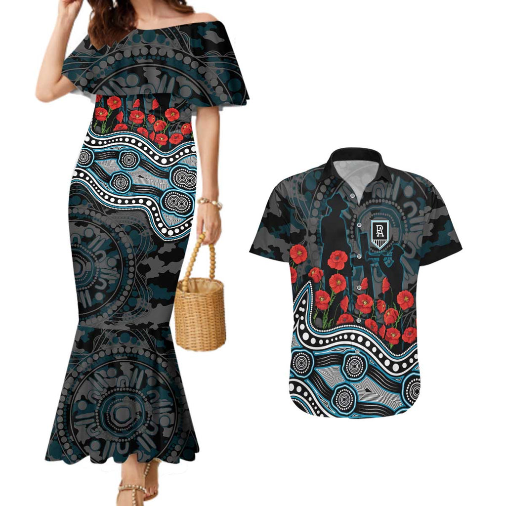 Port Adelaide Power ANZAC Day Couples Matching Mermaid Dress and Hawaiian Shirt Indigenous Dot Art with Poppy Flower Tribute