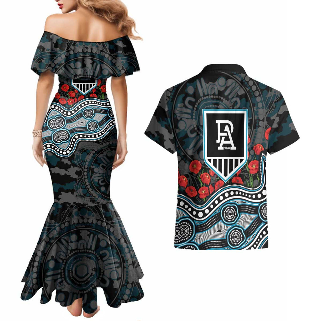 Port Adelaide Power ANZAC Day Couples Matching Mermaid Dress and Hawaiian Shirt Indigenous Dot Art with Poppy Flower Tribute