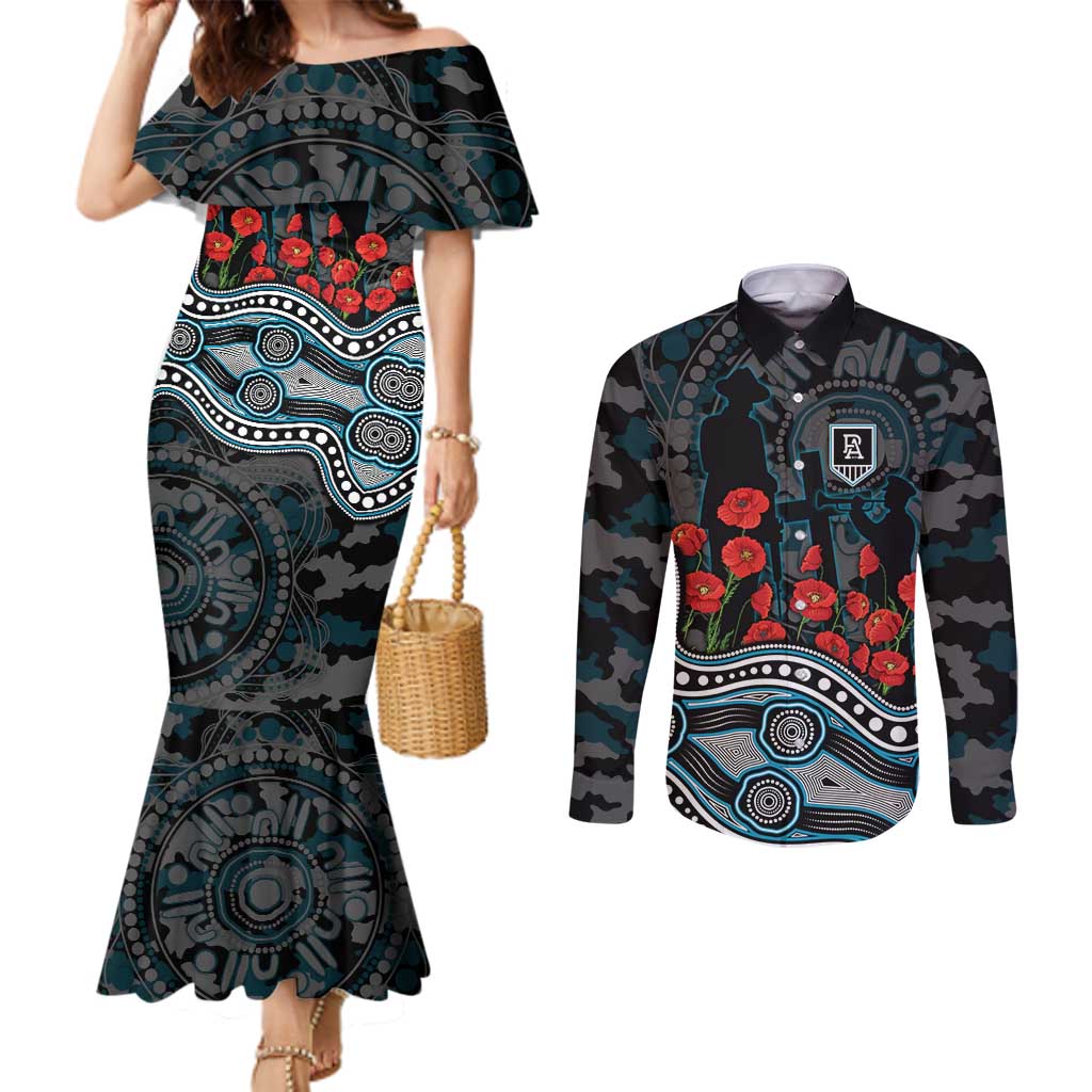 Port Adelaide Power ANZAC Day Couples Matching Mermaid Dress and Long Sleeve Button Shirt Indigenous Dot Art with Poppy Flower Tribute