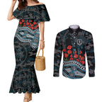 Port Adelaide Power ANZAC Day Couples Matching Mermaid Dress and Long Sleeve Button Shirt Indigenous Dot Art with Poppy Flower Tribute