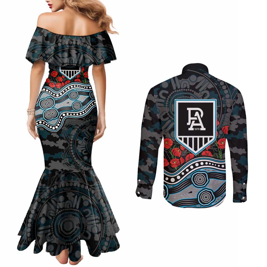 Port Adelaide Power ANZAC Day Couples Matching Mermaid Dress and Long Sleeve Button Shirt Indigenous Dot Art with Poppy Flower Tribute