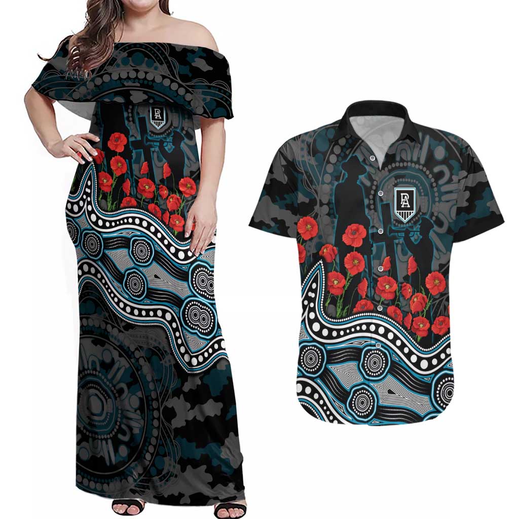 Port Adelaide Power ANZAC Day Couples Matching Off Shoulder Maxi Dress and Hawaiian Shirt Indigenous Dot Art with Poppy Flower Tribute