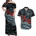 Port Adelaide Power ANZAC Day Couples Matching Off Shoulder Maxi Dress and Hawaiian Shirt Indigenous Dot Art with Poppy Flower Tribute