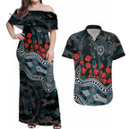 Port Adelaide Power ANZAC Day Couples Matching Off Shoulder Maxi Dress and Hawaiian Shirt Indigenous Dot Art with Poppy Flower Tribute