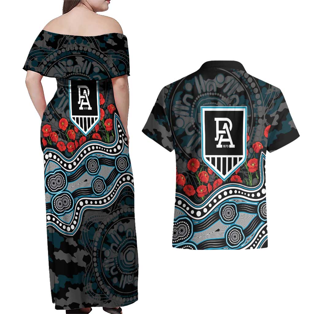 Port Adelaide Power ANZAC Day Couples Matching Off Shoulder Maxi Dress and Hawaiian Shirt Indigenous Dot Art with Poppy Flower Tribute