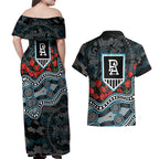 Port Adelaide Power ANZAC Day Couples Matching Off Shoulder Maxi Dress and Hawaiian Shirt Indigenous Dot Art with Poppy Flower Tribute