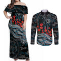 Port Adelaide Power ANZAC Day Couples Matching Off Shoulder Maxi Dress and Long Sleeve Button Shirt Indigenous Dot Art with Poppy Flower Tribute