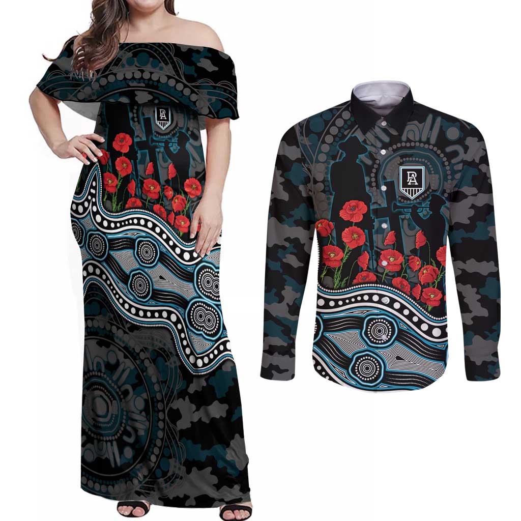 Port Adelaide Power ANZAC Day Couples Matching Off Shoulder Maxi Dress and Long Sleeve Button Shirt Indigenous Dot Art with Poppy Flower Tribute