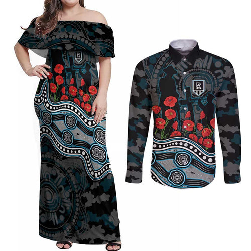 Port Adelaide Power ANZAC Day Couples Matching Off Shoulder Maxi Dress and Long Sleeve Button Shirt Indigenous Dot Art with Poppy Flower Tribute