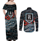 Port Adelaide Power ANZAC Day Couples Matching Off Shoulder Maxi Dress and Long Sleeve Button Shirt Indigenous Dot Art with Poppy Flower Tribute