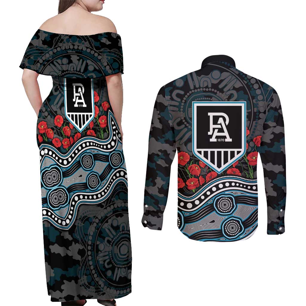 Port Adelaide Power ANZAC Day Couples Matching Off Shoulder Maxi Dress and Long Sleeve Button Shirt Indigenous Dot Art with Poppy Flower Tribute