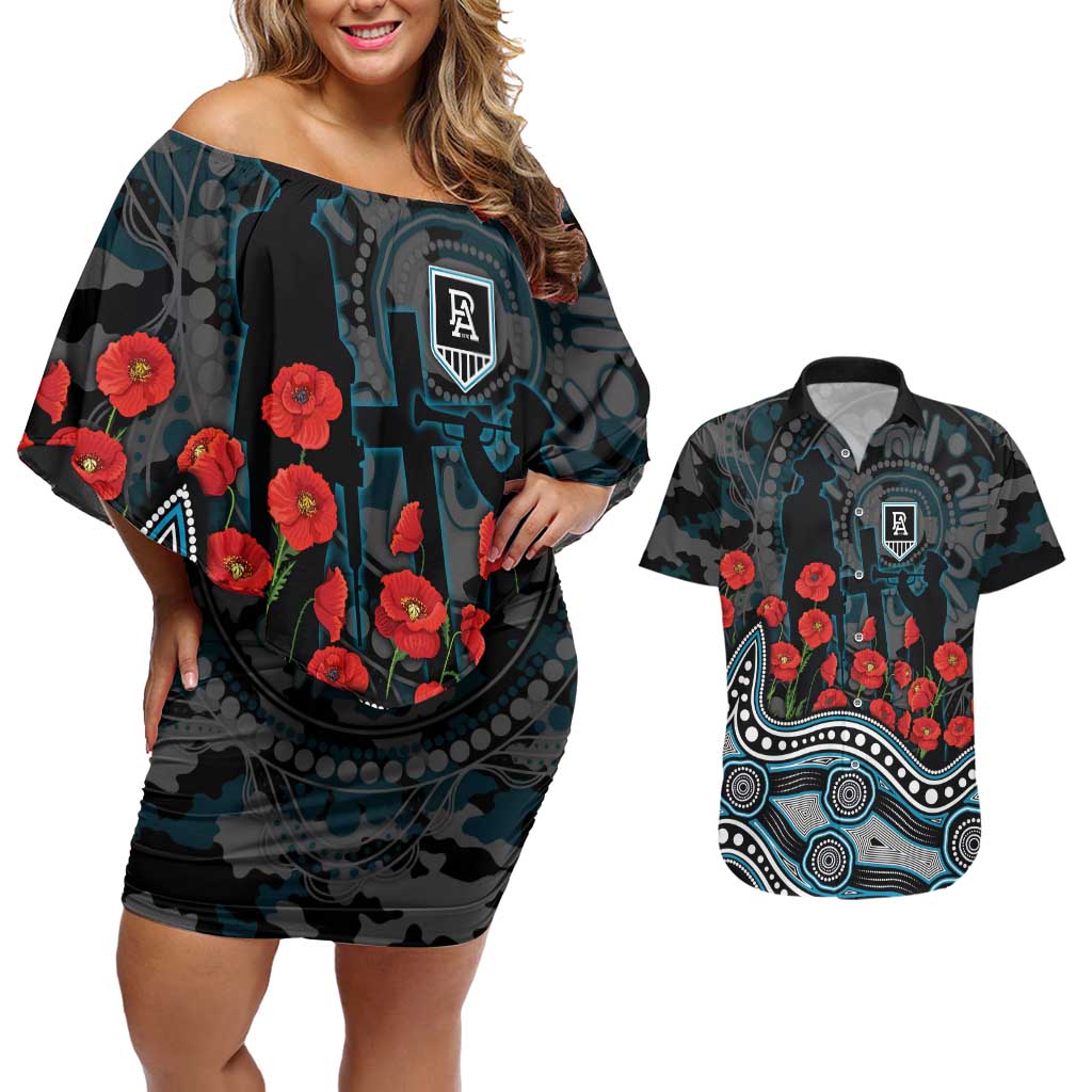 Port Adelaide Power ANZAC Day Couples Matching Off Shoulder Short Dress and Hawaiian Shirt Indigenous Dot Art with Poppy Flower Tribute