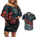 Port Adelaide Power ANZAC Day Couples Matching Off Shoulder Short Dress and Hawaiian Shirt Indigenous Dot Art with Poppy Flower Tribute