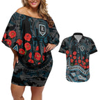 Port Adelaide Power ANZAC Day Couples Matching Off Shoulder Short Dress and Hawaiian Shirt Indigenous Dot Art with Poppy Flower Tribute