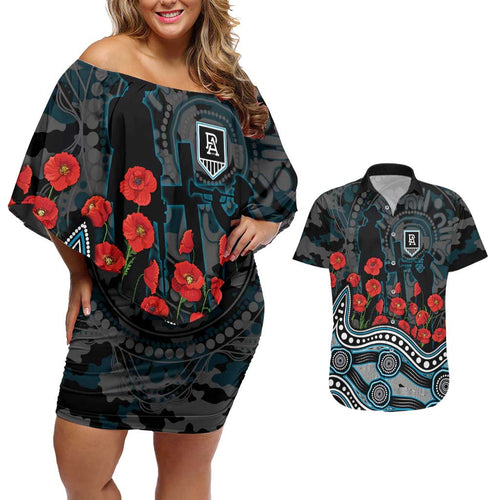 Port Adelaide Power ANZAC Day Couples Matching Off Shoulder Short Dress and Hawaiian Shirt Indigenous Dot Art with Poppy Flower Tribute